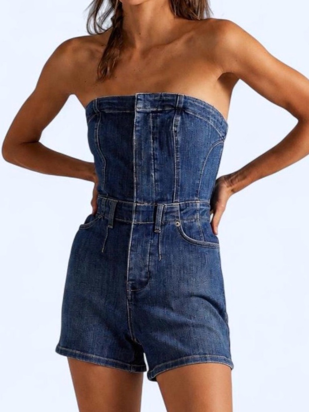 Free People Denim Strapless Women’s Romper Shorts